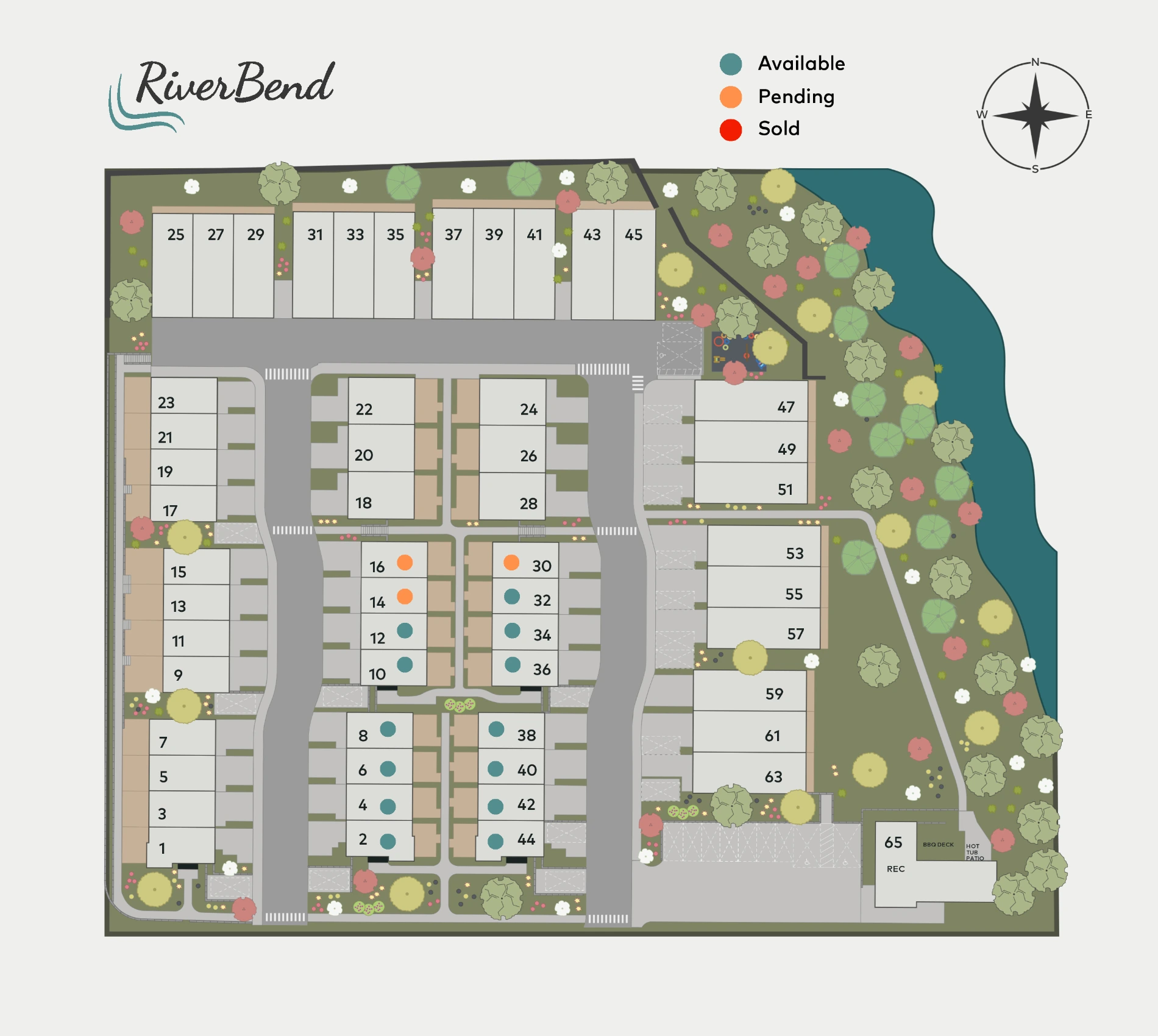 RiverBend development siteplan showing available/pending/sold units