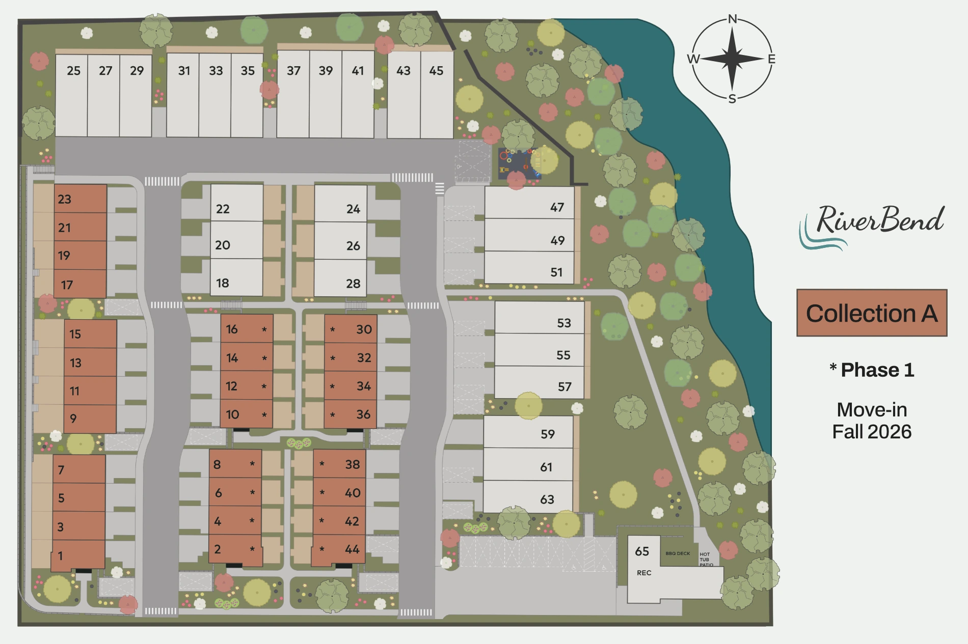 RiverBend siteplan graphic highlighting townhomes in Block A