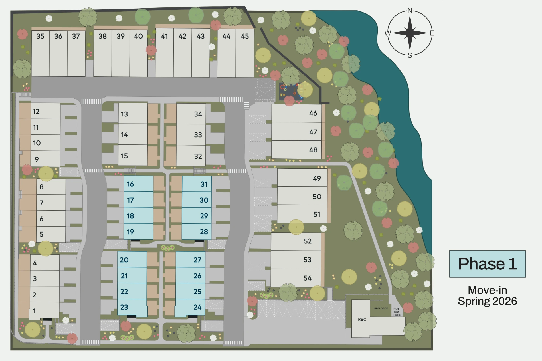 RiverBend birds eye view siteplan diagram, highlighting phase 1