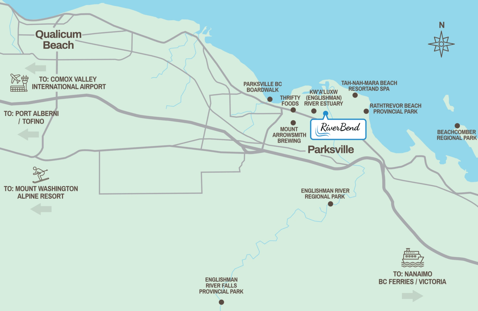 Map of area surrounding RiverBend with markers for nearby landmarks (Parksville, BC)